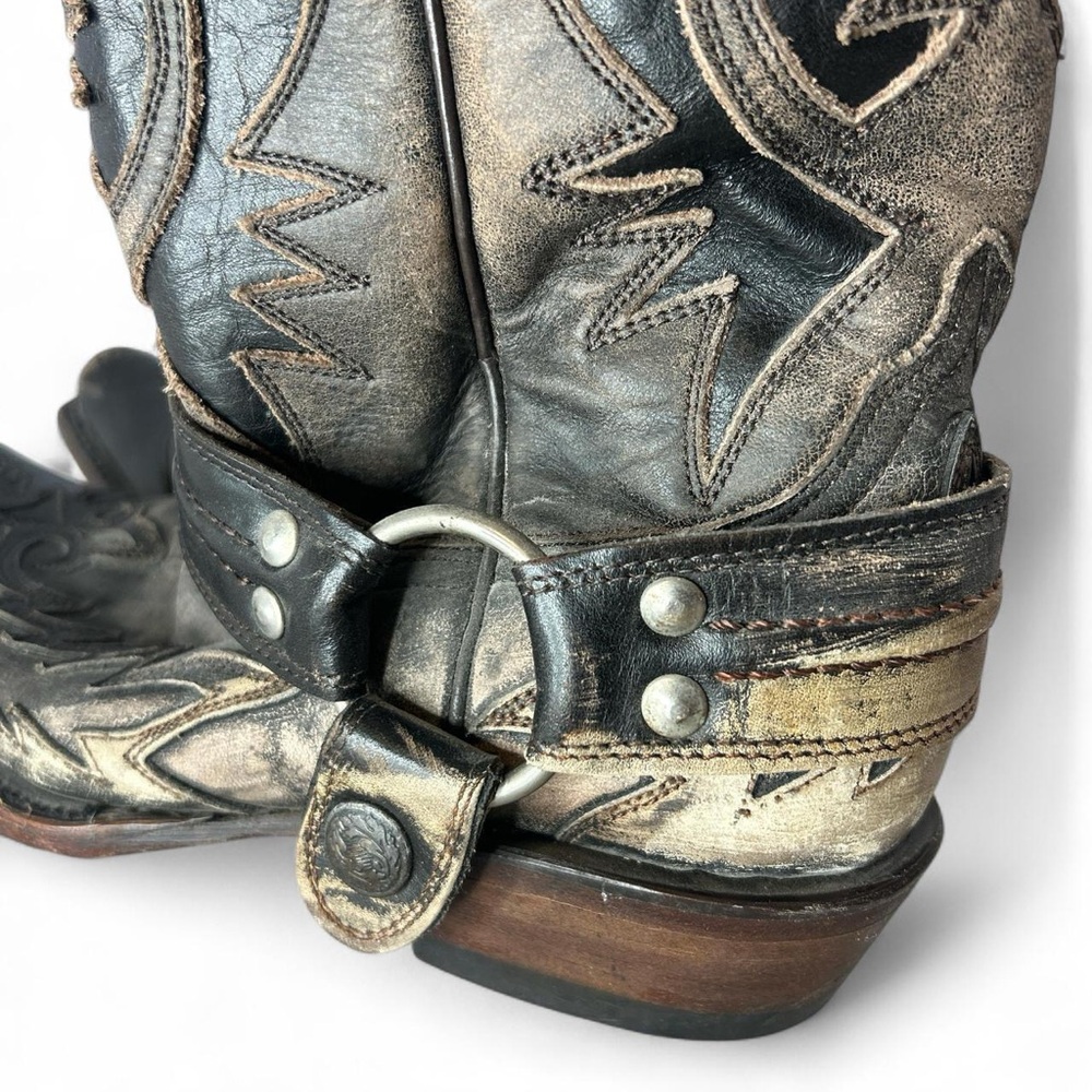 Stetson women’s rugged biker outlaw distressed Black leather harness boots - Picture 3 of 8